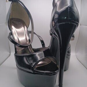 BLACK PATENT STRAPPY PLATFORM HIGH HEELS